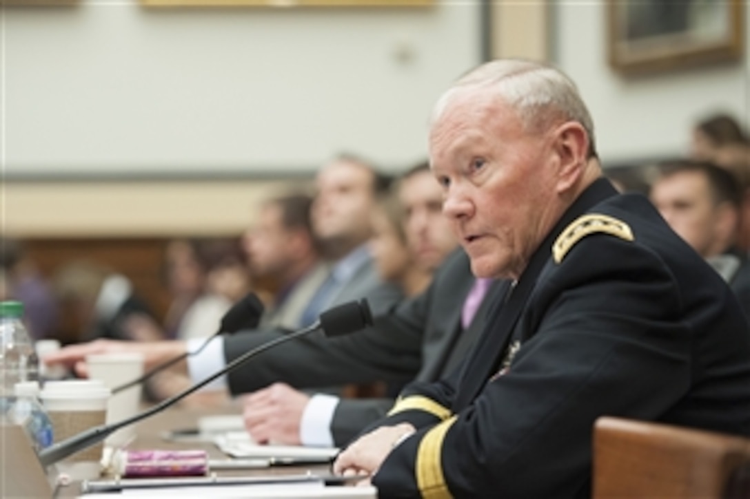 Army Gen. Martin E. Dempsey, chairman of the Joint Chiefs of Staff, testifies on U.S. policy and strategy in the Middle East before the House Armed Services Committee in Washington, D.C., June 17, 2015. Defense Secretary Ash Carter provided opening remarks on the issues during the hearing and both leaders responded to questions.