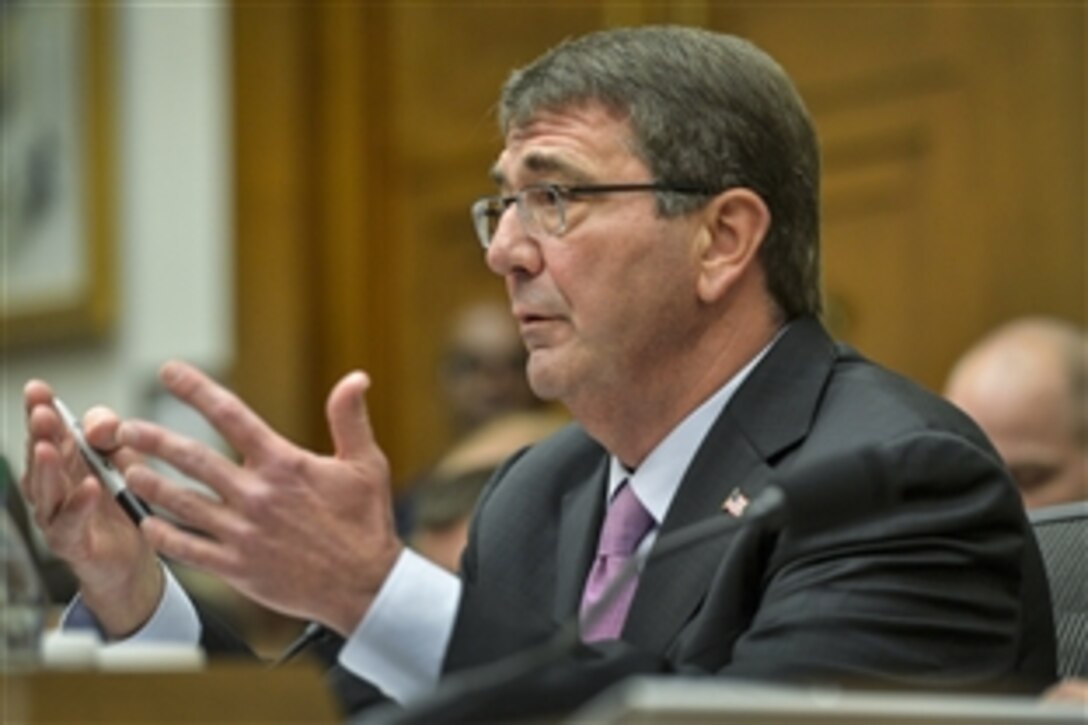 Defense Secretary Ash Carter testifies on U.S. policy and strategy in the Middle East before the House Armed Services Committee in Washington, D.C., June 17, 2015. Army Gen. Martin E. Dempsey, chairman of the Joint Chiefs of Staff, joined Carter to testify.