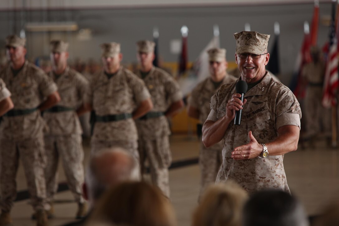 Maj. Gen. Robert F. Hedelund addresses the crowd during a change of command ceremony at Marine Corps Air Station Cherry Point, N.C., June 18, 2015. Hedelund relinquished his post as 2nd Marine Aircraft Wing commanding general to Brig. Gen. Paul J. Rock. Jr during the ceremony.