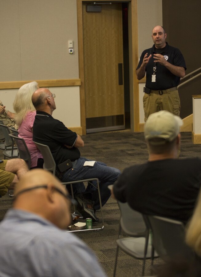 Collin Arnold, New Orleans Homeland Security Emergency Preparedness manager, speaks at a hurricane preparedness brief in the Federal City auditorium in New Orleans, June 17, 2015. Military members of the New Orleans area attended the brief to learn how to prepare for hurricanes, what to do in the event of an evacuation, and resources available to them. The Office of Homeland Security and Emergency Preparedness is the coordinating public safety agency for the city of New Orleans and is responsible for crisis planning, response and recovery for the City of New Orleans. 
