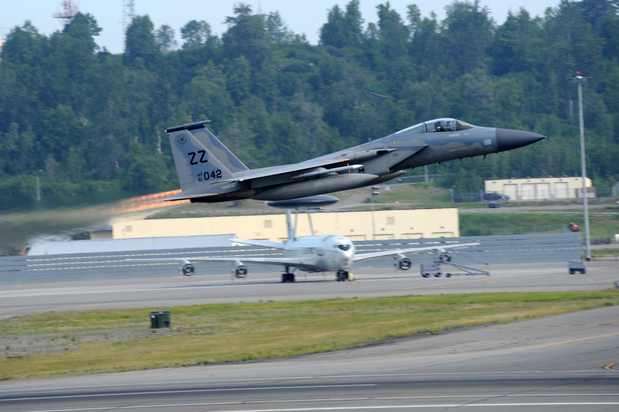 An F-15C Eagle from the 67th Fighter Squadron at Kadena Air Base, Japan, takes off during exercise Northern Edge from Joint Base Elmendorf-Richardson, Alaska, June 16, 2015. Northern Edge 2015 is Alaska’s premier joint training exercise designed to practice operations, techniques and procedures as well as enhance interoperability among the services. Thousands of participants from all the services and components were involved. (U.S. Air Force photo/Staff Sgt. William Banton)