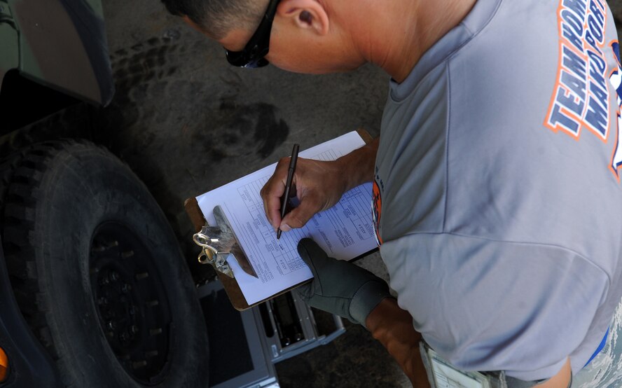 U.S. Air Force Staff Sgt. Jesse Ross documents the weight of a Humvee during the joint inspection cargo load competition portion of the Port Dawg Challenge at Dobbins Air Reserve Base, Ga., June 16, 2015. The Port Dawg Challenge was created to enhance and maintain the camaraderie, espirt de corp and prestige of aerial port Airmen while promoting professionalism, leadership, training and communication between "Port Dawgs." (U.S. Air Force photo by Tech. Sgt. Stephen D. Schester/Released)