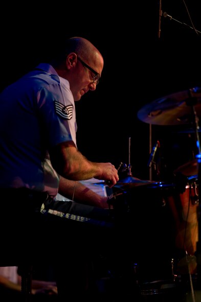 Tech Sgt. Mike Schmaus, percussionist for U.S. Air Force Heartland of America Band Vortex, performs Nelson Hall Auditorium at Minot State University, Minot, N.D., June 16, 2015. Vortex fosters public support with free performances, aides recruiting initiatives and is world-wide deployable. (U.S. Air Force photo/Airman 1st Class Justin T. Armstrong)