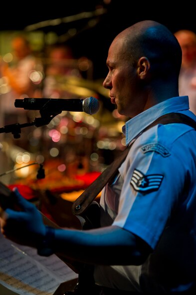 Staff Sgt. Mike Schmaus, a Clearfield, Pennsylvania native, plays bass for U.S. Air Force Heartland of America Band Vortex in Nelson Hall auditorium at Minot State University, Minot, N.D., June 16, 2015. The band Vortex is a group comprised of highly skilled Airmen musicians. (U.S. Air Force photo/Airman 1st Class Justin T. Armstrong)