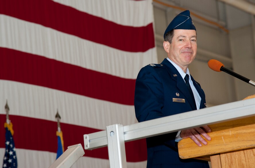 Airmen from the 71st Medical Group salute during the playing of the national anthem at the 71st Medical Group change of command ceremony June 16 at Vance Air Force Base, Oklahoma. Col. Kirsten Benford assumed command of the group from Col. David Chiesa. (U.S. Air Force photo/Staff Sgt. Nancy Falcon)