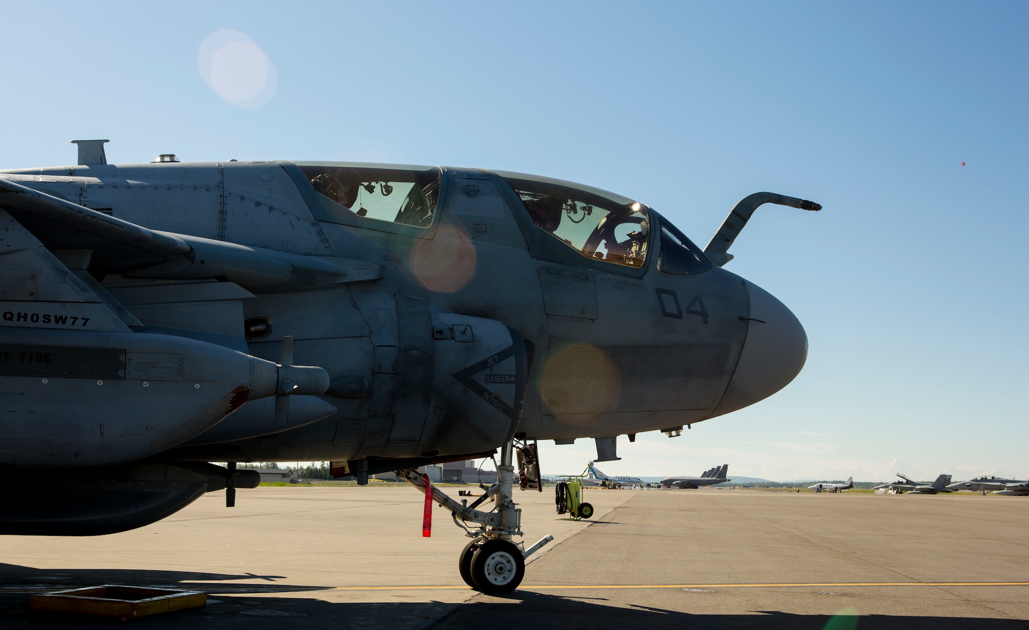 A U.S. Marine Corps EA-6B Prowler with Marine Tactical Electronic Warfare Squadron 2, 2nd Marine Aircraft Wing sits on the flight line during Exercise Northern Edge 15 at Eielson Air Force Base, Alaska, June 15, 2015. Northern Edge is Alaska’s premier joint training exercise designed to practice operations, techniques and procedures as well as enhance interoperability among the services. Thousands of participants from all services, Airmen, Soldiers, Sailors, Marines and Coast Guardsmen from active duty, Reserve and National Guard units are involved. (U.S. Marine Corps photo by Cpl. Suzanne Dickson/Released)