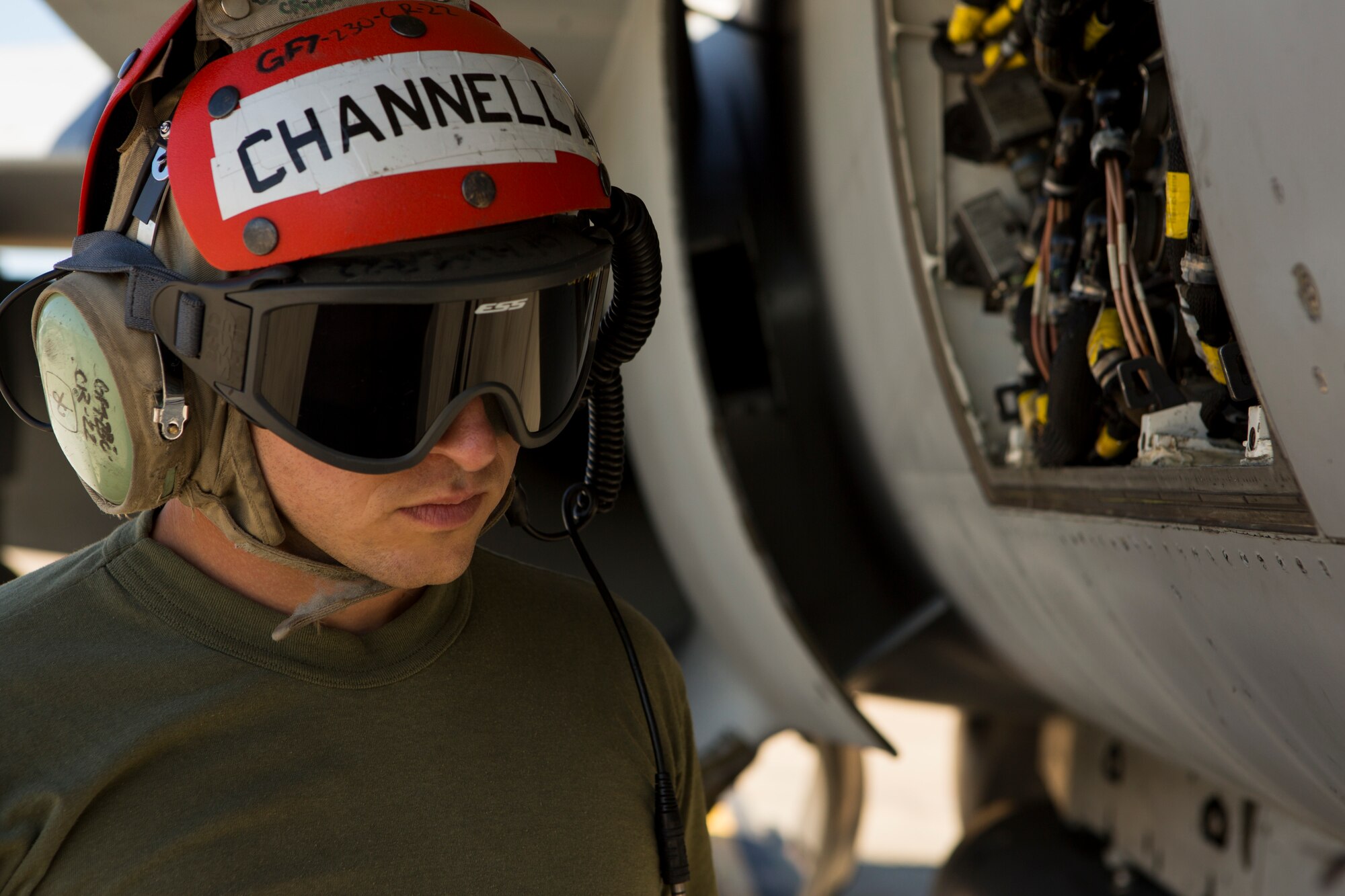 U.S. Marine Corps Sgt. Jospeh Channell, an aviation ordnance technician with Marine All-Weather Fighter Attack Squadron (VMFA [AW]) 242, 1st Marine Aircraft Wing conducts an inspection on a Marine Corps FA-18D Hornet assigned to VMFA (AW)-242 during Exercise Northern Edge 15 at Eielson Air Force Base, Alaska, June 15, 2015. Northern Edge is Alaska’s premier joint training exercise designed to practice operations, techniques and procedures as well as enhance interoperability among the services. Thousands of participants from all services, Airmen, Soldiers, Sailors, Marines and Coast Guardsmen from active duty, Reserve and National Guard units are involved. (U.S. Marine Corps photo by Cpl. Suzanne Dickson/Released)