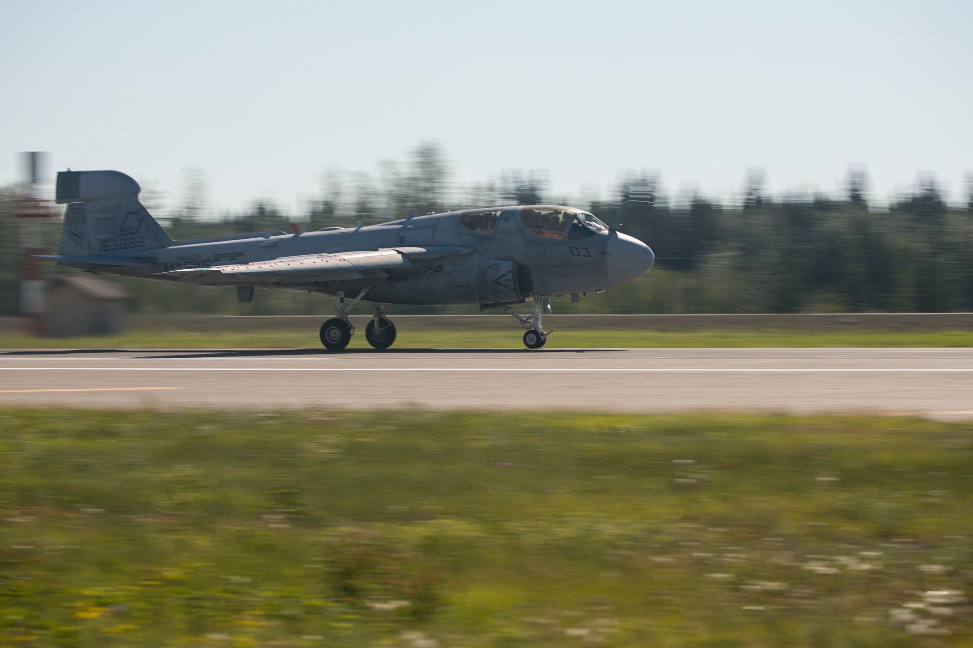 A U.S. Marine Corps EA-6B Prowler aircraft assigned to Marine Tactical Electronic Warfare Squadron 2, 2nd Marine Aircraft Wing, takes off June 15, 2015, during Exercise Northern Edge 15 at Eielson Air Force Base, Alaska. Northern Edge 15 is Alaska’s premier joint training exercise designed to practice operations, techniques and procedures as well as enhance interoperability among the services. Thousands of participants from all the services, Airmen, Soldiers, Sailors, Marines and Coast Guardsmen from active duty, Reserve and National Guard units are involved. (U.S. Marine Corps photo by Staff Sgt. Jeffrey D. Anderson/ Released)