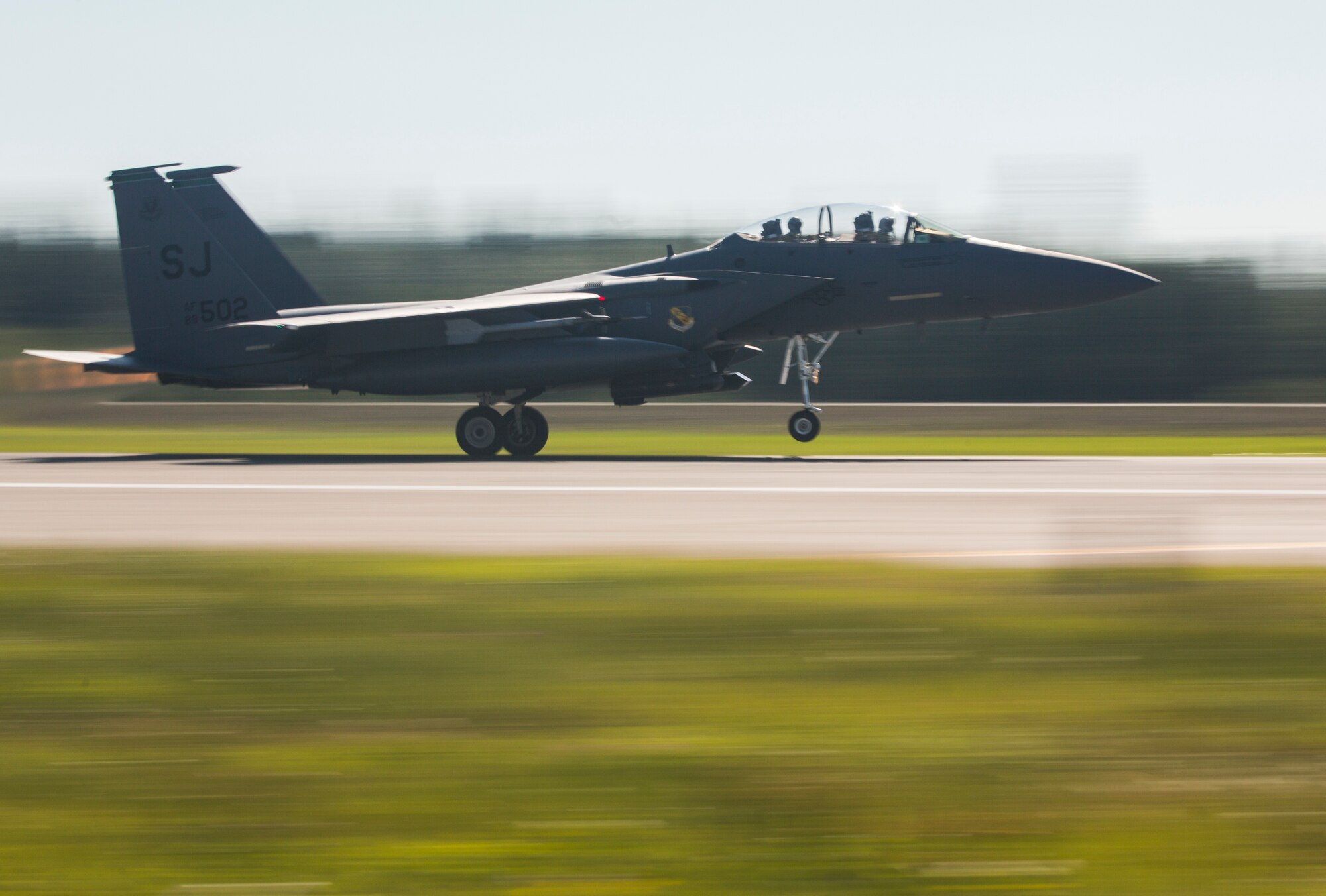 A U.S. Air Force F-15E Strike Eagle aircraft assigned to the 4th Fighter Wing, Seymour Johnson Air Force Base, North Carolina, taxis the flight line June 15, 2015, during Exercise Northern Edge 15 at Eielson Air Force Base, Alaska. Northern Edge 15 is Alaska’s premier joint training exercise designed to practice operations, techniques and procedures as well as enhance interoperability among the services. Thousands of participants from all the services, Airmen, Soldiers, Sailors, Marines and Coast Guardsmen from active duty, Reserve and National Guard units are involved. (U.S. Marine Corps photo by Staff Sgt. Jeffrey D. Anderson/ Released)
