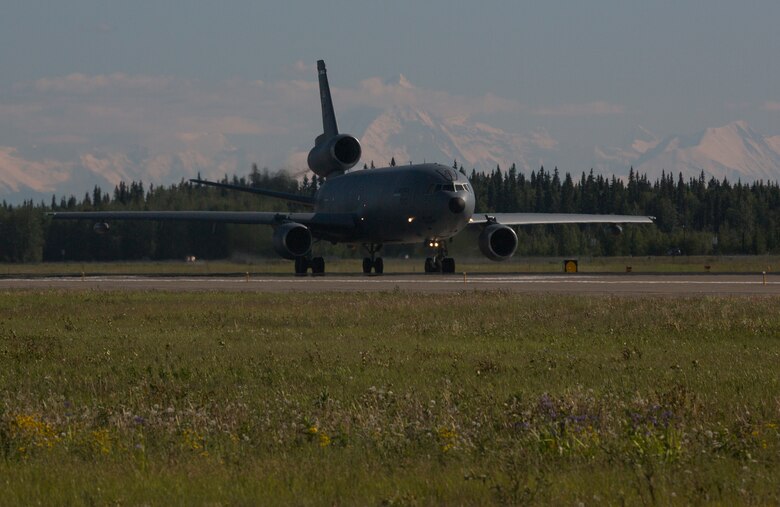A U.S. Air Force KC-10 Extender aircraft assigned to the 60th Air Mobility Wing, Travis Air Force Base, Calif., prepares to take off June 15, 2015, during Exercise Northern Edge 15 at Eielson Air Force Base, Alaska. Northern Edge 15 is Alaska’s premier joint training exercise designed to practice operations, techniques and procedures as well as enhance interoperability among the services. Thousands of participants from all the services, Airmen, Soldiers, Sailors, Marines and Coast Guardsmen from active duty, Reserve and National Guard units are involved. (U.S. Marine Corps photo by Staff Sgt. Jeffrey D. Anderson/ Released)