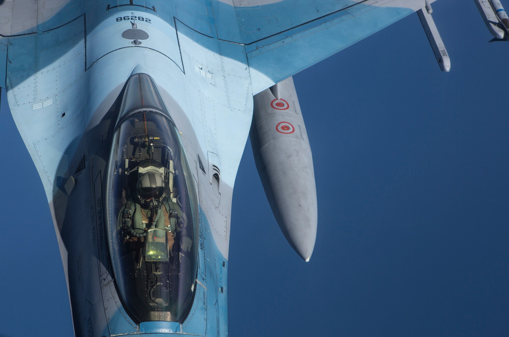 A U.S. Air Force F-16 Fighting Falcon assigned to the 354th Fighter Wing, Eielson Air Force Base, Alaska, conducts a training mission over the Gulf of Alaska June 16, 2015, during Exercise Northern Edge 15. Northern Edge is Alaska’s premier joint training exercise designed to practice operations, techniques and procedures as well as enhance interoperability among the services. Thousands of service members from active duty, Reserve and National Guard units are involved. (U.S. Marine Corps photo by Cpl. Suzanne Dickson/ Released)