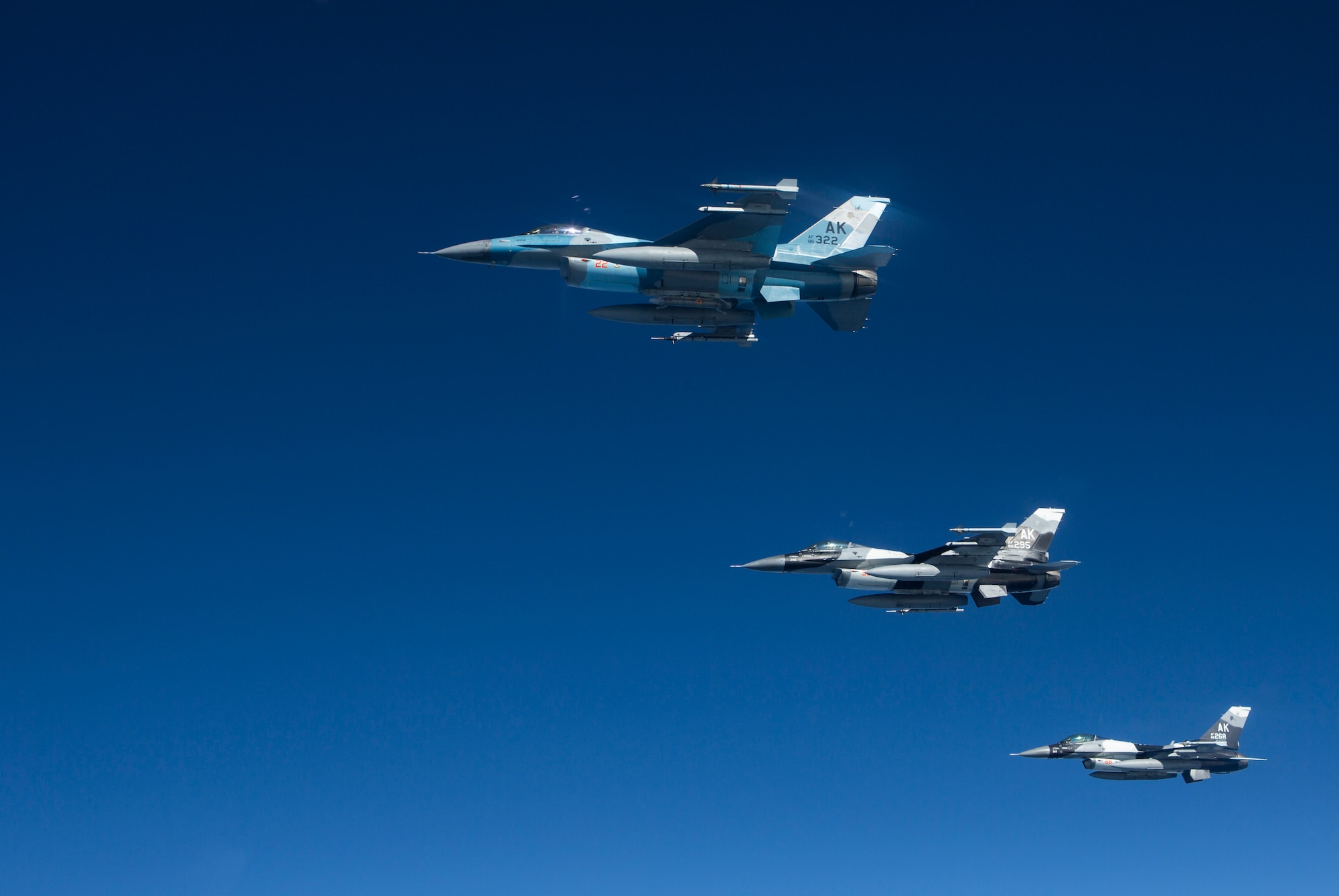 U.S. Air Force F-16 Fighting Falcons assigned to the 354th Fighter Wing, Eielson Air Force Base, Alaska, conduct a training mission over the Gulf of Alaska June 16, 2015, during Exercise Northern Edge 15. Northern Edge is Alaska’s premier joint training exercise designed to practice operations, techniques and procedures as well as enhance interoperability among the services. Thousands of service members from active duty, Reserve and National Guard units are involved. (U.S. Marine Corps photo by Cpl. Suzanne Dickson/ Released)