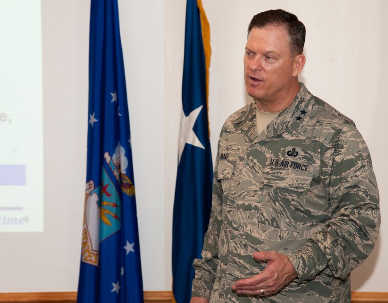 U.S. Air Force Maj. Gen. Casey Blake, Office of the Assistant Secretary of the Air Force for Acquisition Deputy Assistant Secretary for Contracting, speaks with Airmen from the 23d Contracting Squadron June 16, 2015, at Moody Air Force Base, Ga. Blake discussed future developments in contracting, shared his contracting career experiences, and gave them his outlook on future deployments, manning and organizational structure. (U.S. Air Force photo by Staff Sgt. Eric Summers Jr./Released)