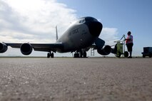 ALTUS AIR FORCE BASE, Okla. – A U.S. Air Force KC-135 Stratotanker refueling aircraft sits on the flight line before a fini-flight for U.S. Air Force Col. Bill Spangenthal, 97th Air Mobility Wing commander, June 18, 2015. Spangenthal flew both the KC-135 and U.S. Air Force C-17 Globemaster III for his final time as the wing commander at Altus AFB. (U.S. Air Force photo by Senior Airman Franklin R. Ramos/Released)