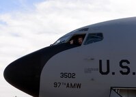 ALTUS AIR FORCE BASE, Okla. – U.S. Air Force Col. Bill Spangenthal, 97th Air Mobility Wing commander, prepares for takeoff in a U.S. Air Force KC-135 Stratotanker refueling aircraft, June 18, 2015. Spangenthal flew both the KC-135 and U.S. Air Force C-17 Globemaster III for his final time as the wing commander at Altus AFB. (U.S. Air Force photo by Senior Airman Franklin R. Ramos/Released)