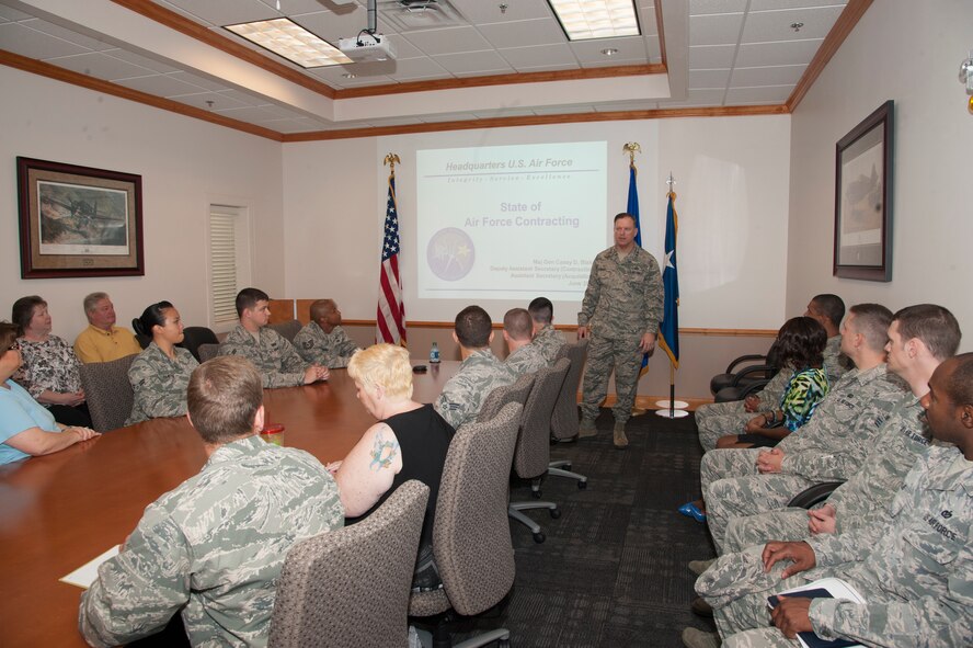 U.S. Air Force Maj. Gen. Casey Blake, Office of the Assistant Secretary of the Air Force for Acquisition Deputy Assistant Secretary for Contracting, leads a discussion with the 23d Contracting Squadron during his visit June 16, 2015, at Moody Air Force Base, Ga. While at Moody, the general also surveyed several construction areas. (U.S. Air Force photo by Staff Sgt. Eric Summers Jr./Released)