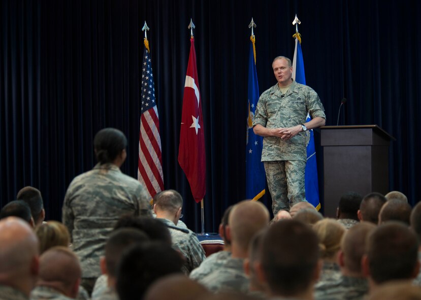 Chief Master Sgt. of the Air Force James Cody answers questions from Airmen during an all-call June 17, 2015, at Incirlik Air Base, Turkey. Cody addressed challenges and opportunities facing today’s Airmen such as possible changes to retirement plans, Senior NCO Academy and the importance of spending time with family and friends. (U.S. Air Force photo by Airman 1st Class Cory W. Bush/Released)