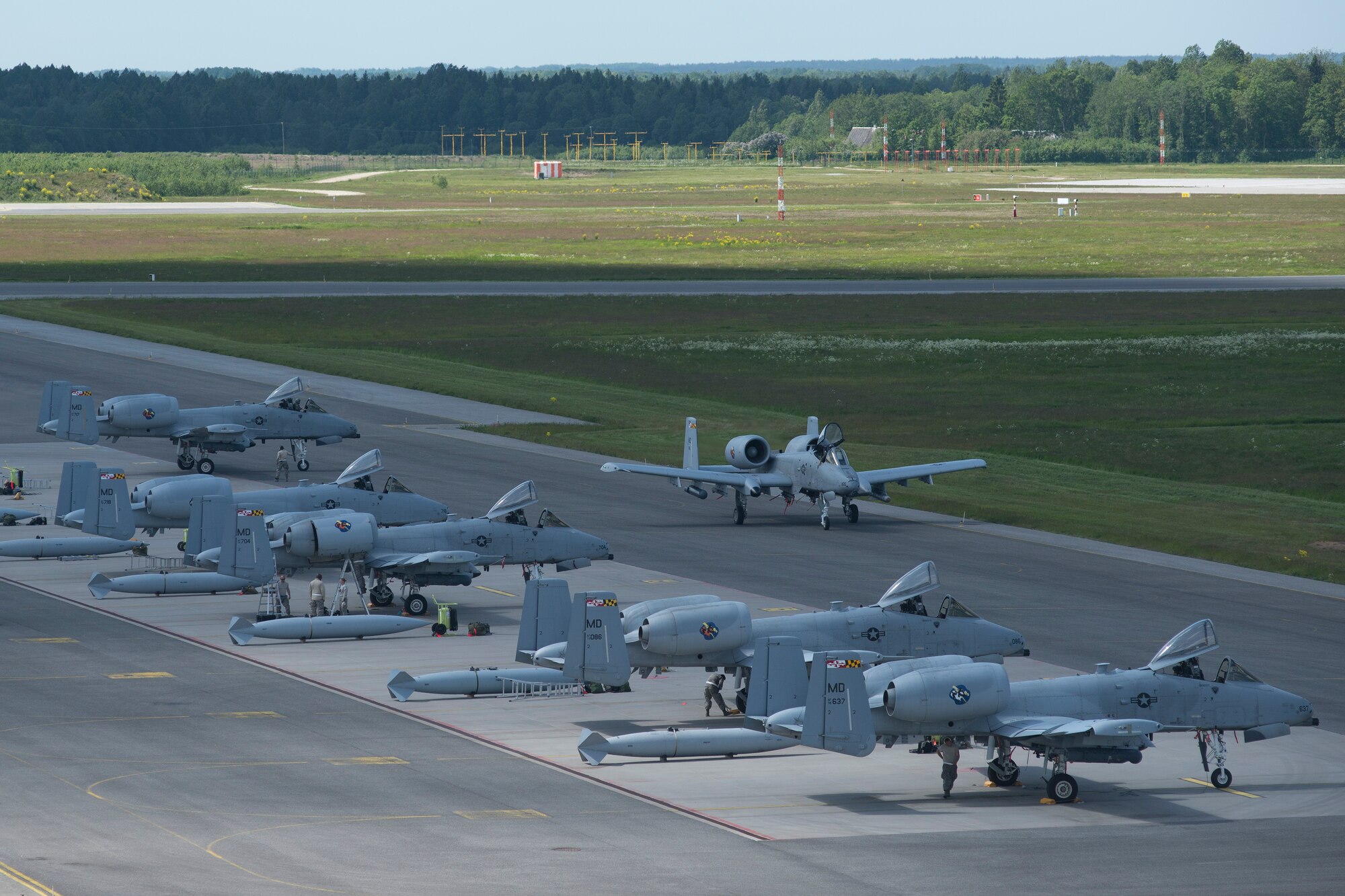 Airmen from the 175th Wing, Maryland Air National Guard, prepare A-10 Thunderbolt IIs for flight at Ämari Air Base, Estonia, June 12, 2015. The 175th Wing is deployed to Estonia in support of Saber Strike; a multilateral, multifaceted exercise designed to enhance joint and combined interoperability with the U.S. and allied partners. (U.S. Air Force photo/Tech. Sgt. Paul Villanueva II)