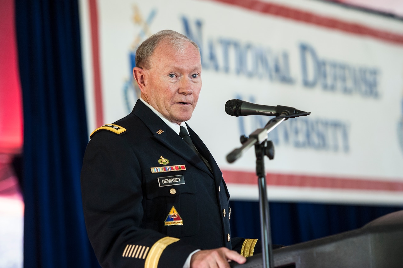 Army Gen. Martin E. Dempsey, chairman of the Joint Chiefs of Staff, delivers the commencement address for National Defense University's College of International Security Affairs, National War College, Information Resources Management College, and Dwight D. Eisenhower School for National Security and Resource Strategy on Fort. McNair in Washington, D.C., June 18, 2015. DoD photo by U.S. Navy Petty Officer 1st Class Daniel Hinton