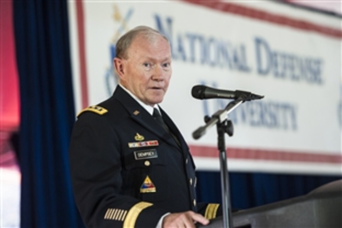 Army Gen. Martin E. Dempsey, chairman of the Joint Chiefs of Staff, delivers the commencement address for National Defense University's College of International Security Affairs, National War College, Information Resources Management College, and Dwight D. Eisenhower School for National Security and Resource Strategy on Fort. McNair in Washington, D.C., June 18, 2015. 