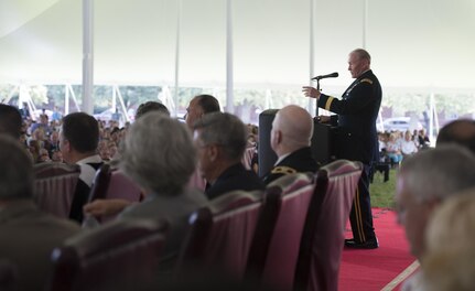 Chairman of the Joint Chiefs of Staff Gen. Martin E. Dempsey delivers the commencement address at the 2015 graduation of National Defense University's College of International Security Affairs, National War College, Information Resources Management College, and Dwight D. Eisenhower School for National Security and Resource Strategy schools, on Fort Lesley J. McNair, Washington, D.C., June 18, 2015. NDU is dedicated to being the premier national security institution focused on advanced joint education, leader development and scholarship.