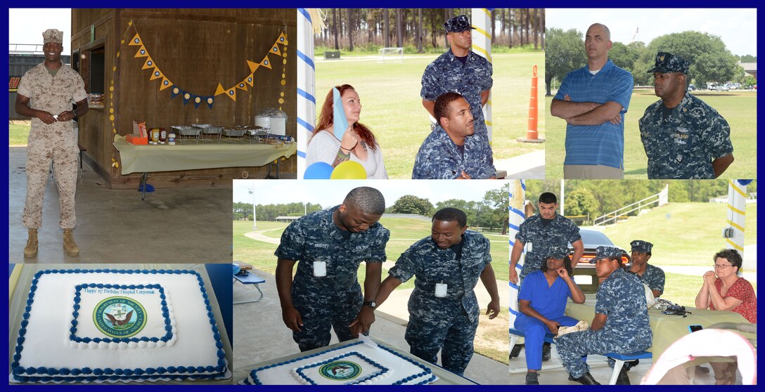 Lt. Col. Nathaniel Robinson, executive officer, Marine Corps Logistics Base Albany, gives accolades to the Naval Branch Health Clinic Albany’s hospital corpsmen for their medical services and sacrifices during a ceremony celebrating their 117th birthday, June 17. The day-long commemoration included an early-morning PFT run, a cookout and a cake-cutting ceremony, held at Covella Pond, as fellow sailors and civilian counterparts attending looked on.