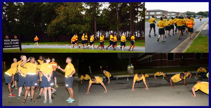 Sailors at the Naval Branch Health Clinic Albany trade in their traditional uniform of the day for PT gear during an early-morning run to kick off a day of celebration of the hospital corpsmen's 117th birthday, June 17. The day-long event, which was held at Marine Corps Logistics Base Albany’s Covella Pond, included a cookout and the traditional cake-cutting ceremony.