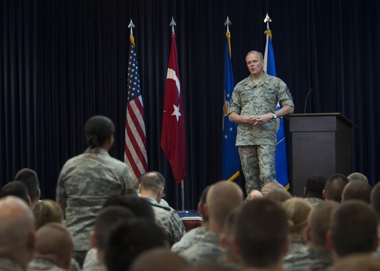 Chief Master Sgt. of the Air Force James Cody answers questions from Airmen during an all call June 17, 2015, at Incirlik Air Base, Turkey. Cody addressed challenges and opportunities facing today’s Airmen, such as possible changes to retirement plans, Senior NCO Academy and the importance of spending time with family and friends. (U.S. Air Force photo/Airman 1st Class Cory W. Bush)