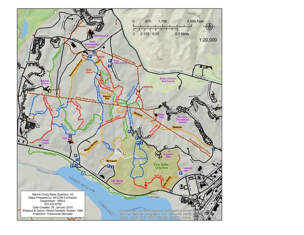 The new mainside trail map, produced by Natural Resources and Environmental Affairs Branch, is now out in all the trailhead kiosks around base. The updates include the addition of the Geiger Ridge trail network and more accurate representations of the trails.