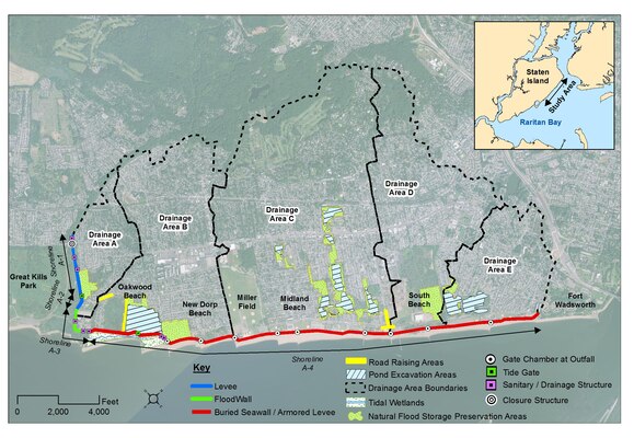 Map depicts various elements of a Coastal Storm Risk Management Plan being recommended in a Draft South Shore of Staten Island Coastal Storm Risk Management Feasibility Study released for public feedback in June 2015. 