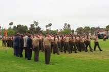 Sergeant Maj. William T. Sowers, the sergeant major of 1st Marine Division, I Marine Expeditionary Force, and Sgt. Maj. David L. Jobe, the division's previous sergeant major, are joined in the viewing area by previous sergeants major of 1st Marine Division during the pass in review at a relief and appointment ceremony aboard Marine Corps Base Camp Pendleton, Calif., June 12, 2015. Sowers is returning to the division after serving as the battalion sergeant major for 1st Battalion, 5th Marine Regiment, from June 2008 to November 2010. (U.S. Marine Corps photo by Lance Cpl. Caitlin Bevel)