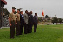 Sergeant Maj. William T. Sowers, the sergeant major of 1st Marine Division, I Marine Expeditionary Force, and Sgt. Maj. David L. Jobe, the division's previous sergeant major, are joined in the viewing area by previous sergeants major of 1st Marine Division during a relief and appointment ceremony aboard Marine Corps Base Camp Pendleton, Calif., June 12, 2015. Sowers is returning to the division after serving as the battalion sergeant major for 1st Battalion, 5th Marine Regiment, from June 2008 to November 2010. (U.S. Marine Corps photo by Lance Cpl. Caitlin Bevel)