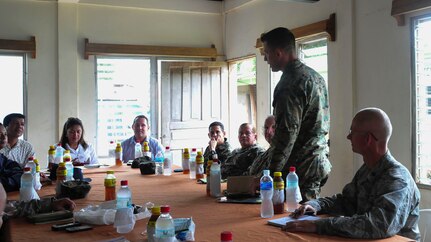PUERTO LEMPIRA, Honduras – U.S. Marine Corps Maj. Brandon Cooley, Special Purpose Marine Air Ground Task Force-Southern Command operations officer, introduces himself to leadership from the Gracias a Dios Department during a bi-lateral meeting in Puerto Lempira, Honduras, June 18, 2015. The visit enabled Honduran and U.S. members to discuss the Marines’ upcoming construction projects, answer questions, determine support requirements and build relationships between partner nations. (U.S. Air Force Photo by Capt. Christopher Love)