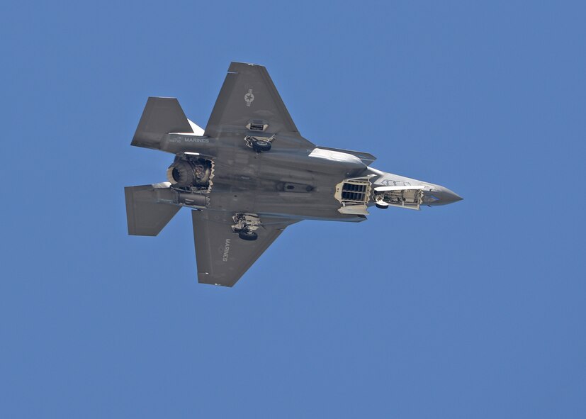 A Marine Corps F-35B STOVL Joint Strike Fighter aircraft completes its first-ever check flight at Hill AFB, Utah, June 18, 2015. The aircraft was undergoing a functional check flight following modifications at the Ogden Air Logistics Complex. (U.S. Air Force photo/Alex R. Lloyd)