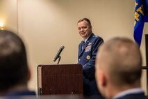 Col. Brian McDaniel, 92nd Air Refueling Wing commander, addresses the new and former 92nd Comptroller Squadron commanders during the 92nd CPTS change of command ceremony June 19, 2015, at Fairchild Air Force Base, Wash. McDaniel took the reins of the 92nd ARW nearly a year ago and emphasizes the importance of a “people first, mission always” mentality when it comes to getting the “J.O.B.” done at Fairchild. (U.S. Air Force photo/Staff Sgt. Benjamin W. Stratton)