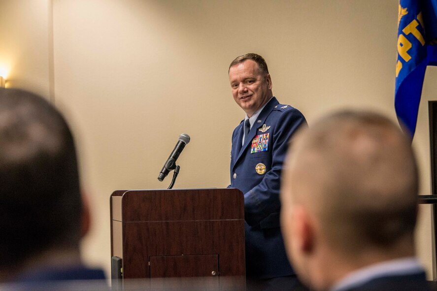Col. Brian McDaniel, 92nd Air Refueling Wing commander, addresses the new and former 92nd Comptroller Squadron commanders during the 92nd CPTS change of command ceremony June 19, 2015, at Fairchild Air Force Base, Wash. McDaniel took the reins of the 92nd ARW nearly a year ago and emphasizes the importance of a “people first, mission always” mentality when it comes to getting the “J.O.B.” done at Fairchild. (U.S. Air Force photo/Staff Sgt. Benjamin W. Stratton)