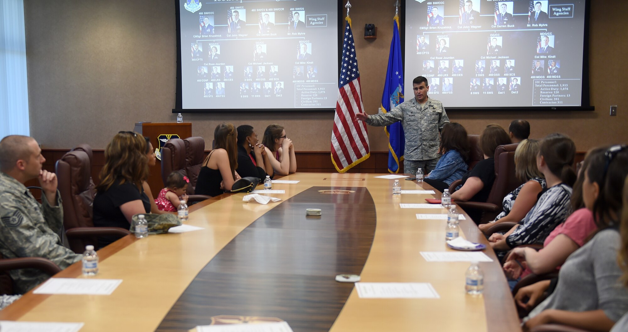 Col. John Wagner, 460th Space Wing commander, gives a mission brief to Buckley spouses as part of the first Spouse Appreciation tour July 17, 2015, on Buckley Air Force Base, Colo. The group started their tour at the 460th Space Wing headquarters building and then made their way to the Mission Control Station, radomes and Army Aviation Support Facility. (U.S. Air Force photo by Airman 1st Class Emily E. Amyotte/Release)