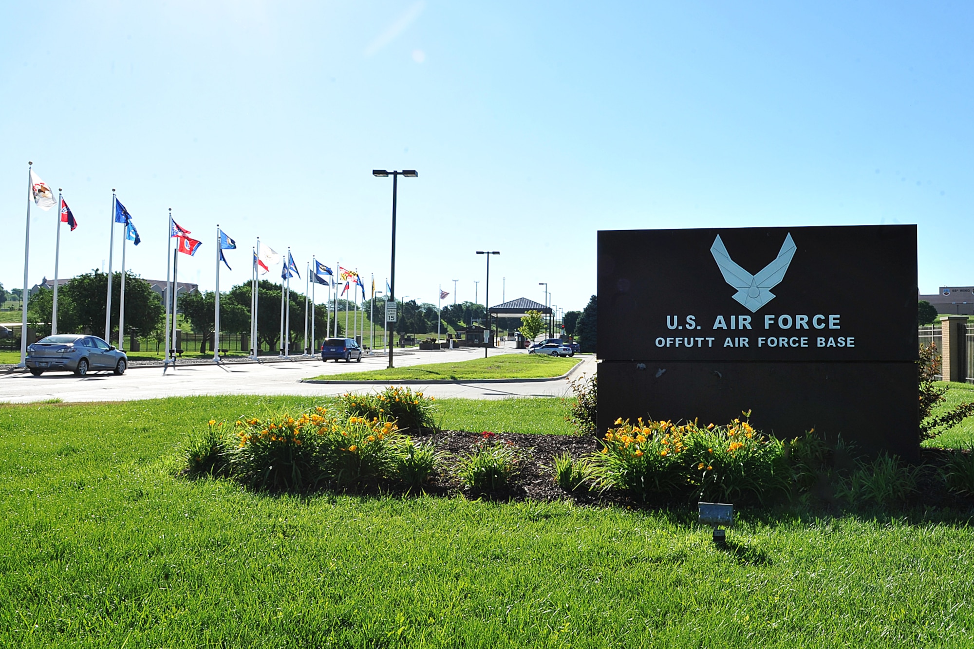The Kenney Gate on Offutt Air Force Base, Nebraska recently got some much needed upgrades for security and to provide better protection from the elements for the 55th Security Forces members. The Kenney Gate is named after Gen. George C. Kenney who was the first commander of Strategic Air Command. (U.S. Air Force photo by Charles Haymond/Released)