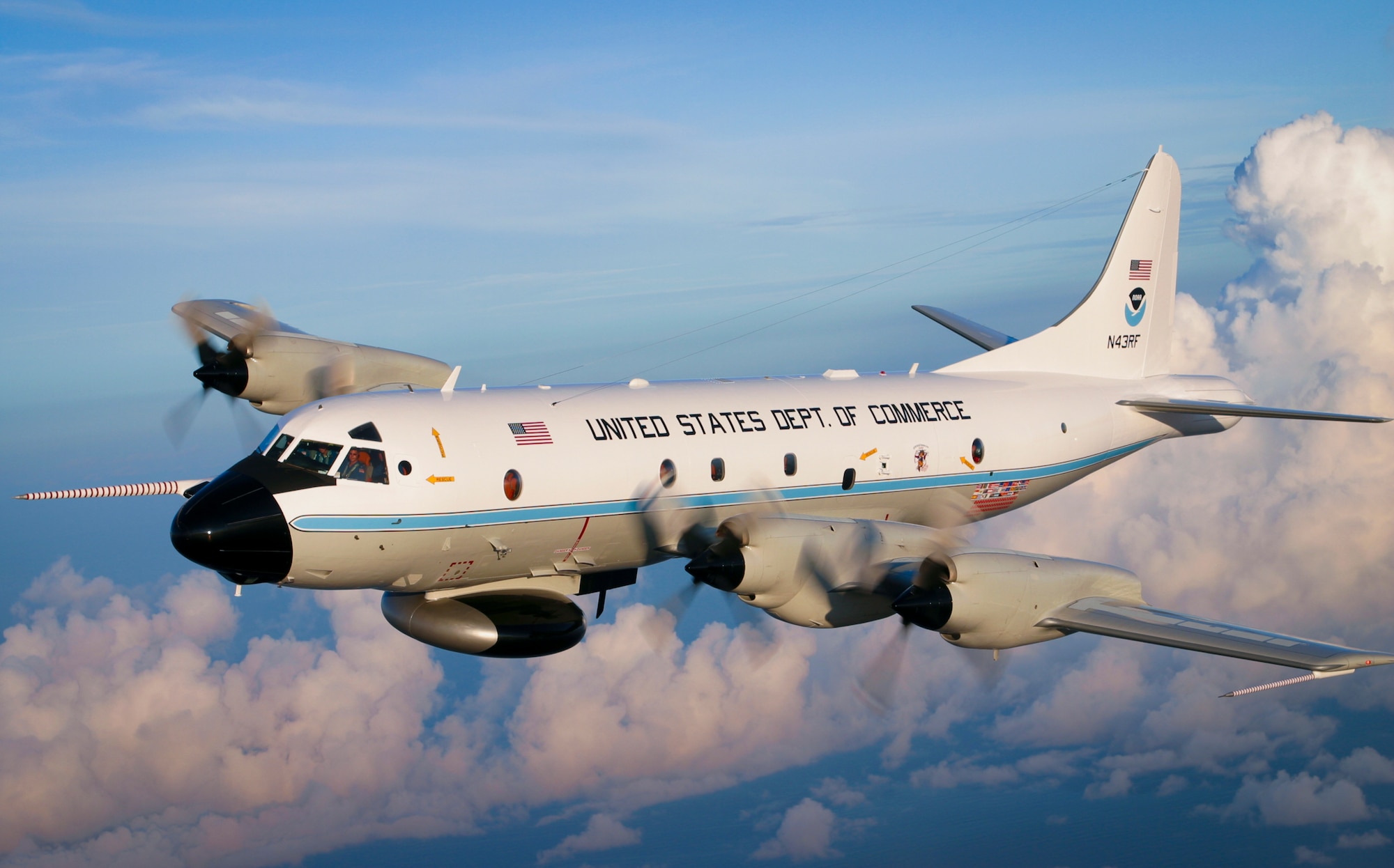 A National Oceanic and Atmospheric Administration WP-3D Orion aircraft is in flight. The WP-3D is used by NOAA to gather vital environmental intelligence. (Courtesy Photo/NOAA)