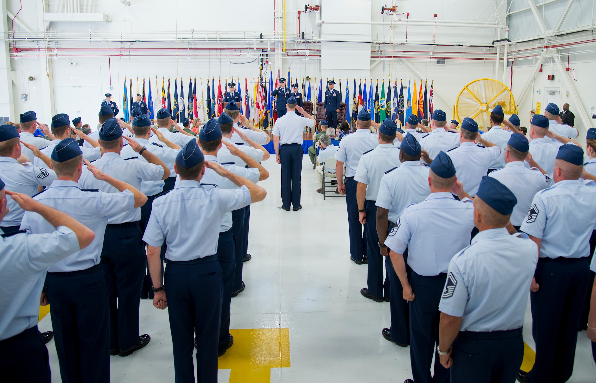Col. Alexus Grynkewich salutes his wing for the last time as their commander during the 53rd Wing change of command ceremony June 18 at Eglin Air Force Base, Fla.  Col. Adrian Spain assumed command of the wing from Grynkewich, who moves on to the Pentagon.  (U.S. Air Force photo/Samuel King Jr.)