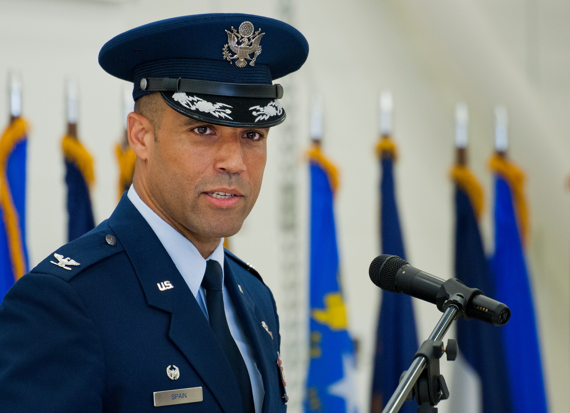 Col. Adrian Spain speaks to his wing for the first time as their commander during the 53rd Wing change of command ceremony June 18 at Eglin Air Force Base, Fla.  Spain assumed command of the wing from Col. Alexus Grynkewich, who moves on to the Pentagon.  (U.S. Air Force photo/Samuel King Jr.)