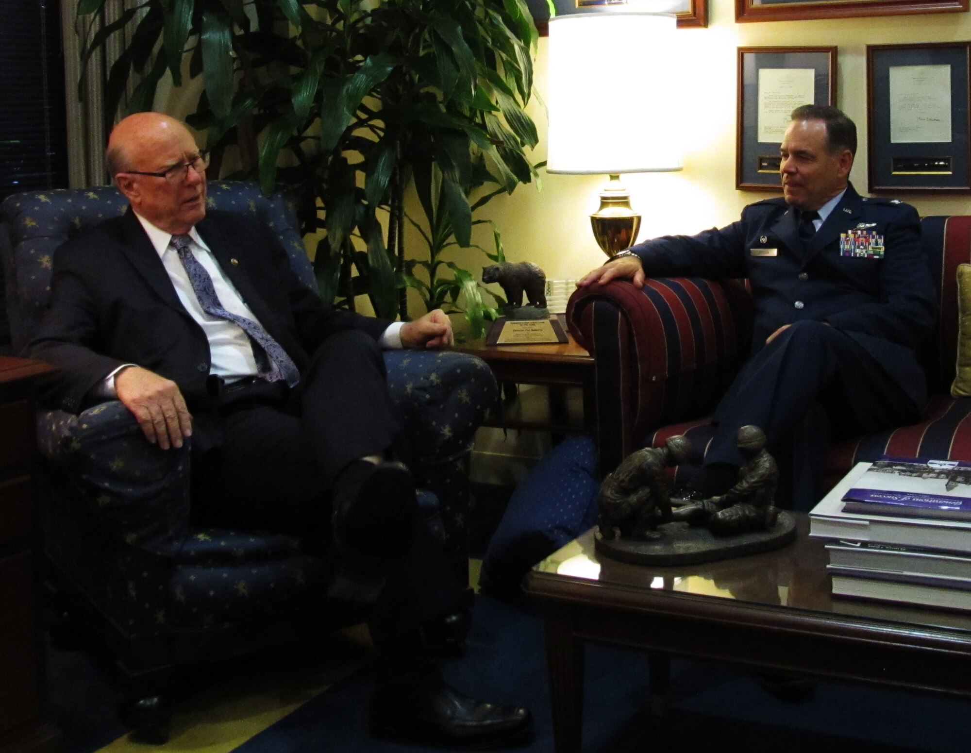 (Left to right) Sen. Pat Roberts meets with Col. Mark S. Larson, 931st Air Refueling Group commander, June 16, 2015, at Washington D.C.  Larson met with the senator as part of the Commander's Capitol Hill Visit Program, a program through which commanders of Air Force units visit with congressional members to discuss issues that affect Airmen.  (Courtesy photo)