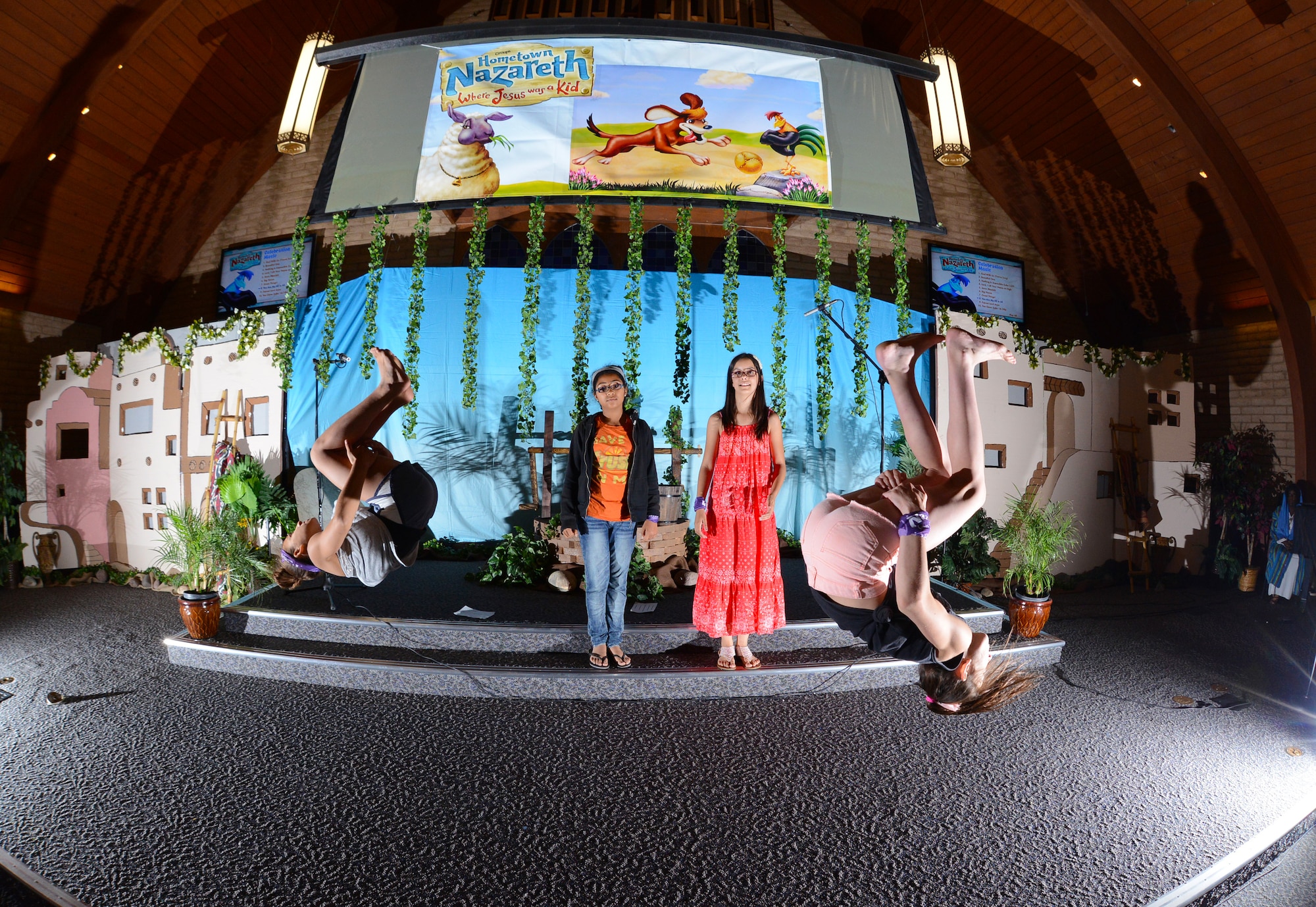 FROM LEFT: Sophi Bergay, Kiara Beedle, Alyssia Lopez Souza and Courtney Barns rehearse a scene June 4 at the Luke Air Force Base chapel. The act and other performances were part of the closing night ceremonies for the parents.
