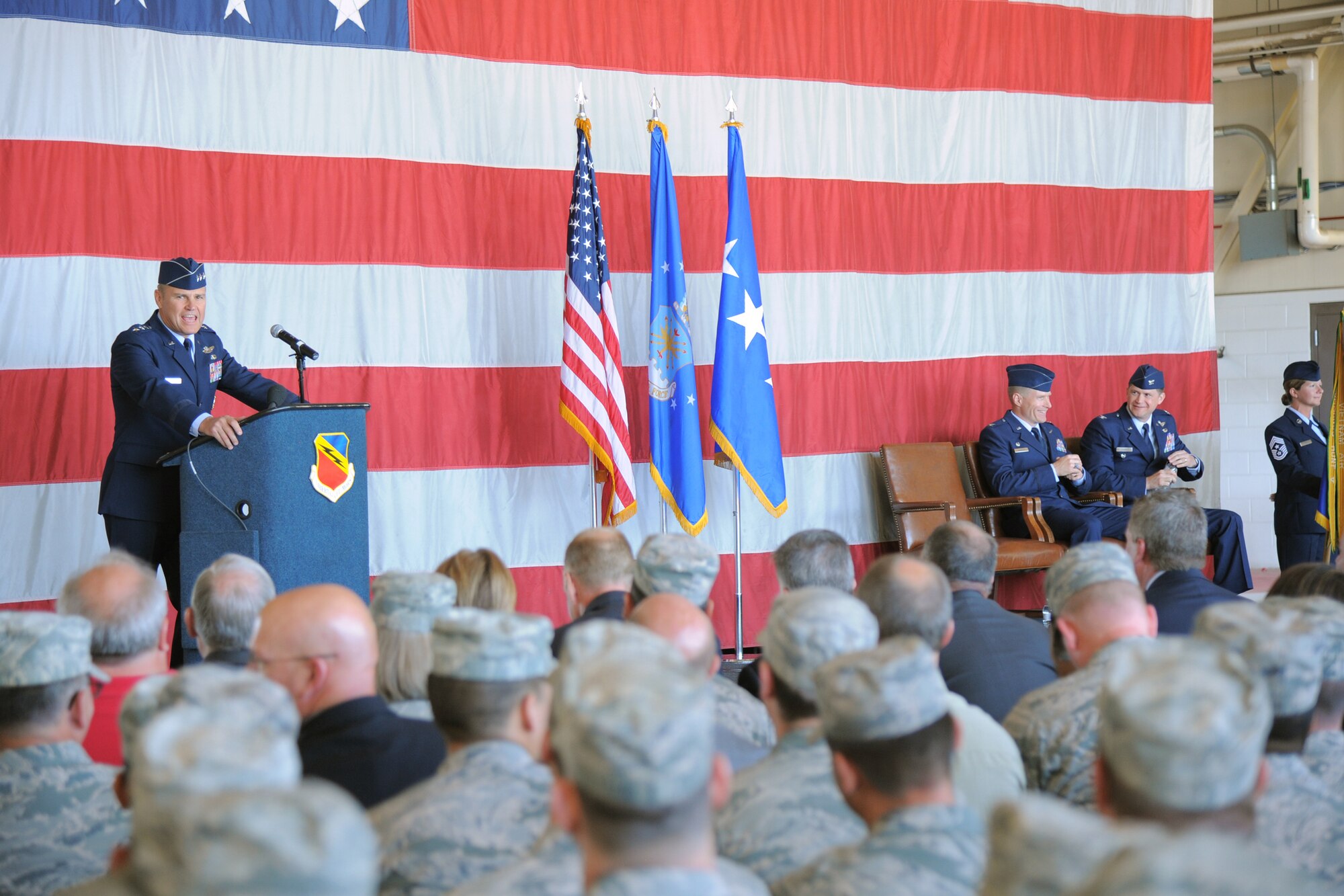 Lt. Gen. Chris Nowland presided over the 388th Fighter Wing change of command ceremony here June 19. Nowland expressed his sincere appreciation for the dedication of the men and women of the 388 FW. (U.S. Air Force photo by Todd Cromar)