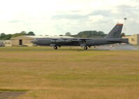 A B-52H Stratofortress completes the last Saber Strike 2015 mission as it lands June 19, 2015, at Royal Air Force Fairford, England. The aircraft was one of three B-52s deployed to the base to support BALTOPS 2015, a naval based exercise, and Saber Strike 2015, a close air support exercise, both of which hosted multiple nations from the area to better integrate forces and techniques in a coalition environment. (U.S. Air Force photo/Capt. Christopher Mesnard) 