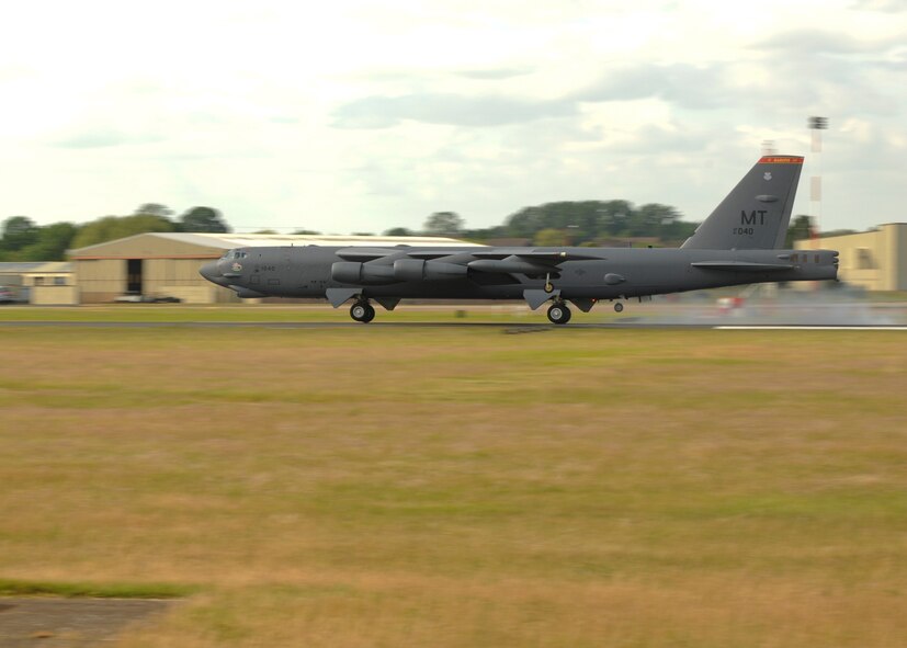 A B-52H Stratofortress completes the last Saber Strike 2015 mission as it lands June 19, 2015, at Royal Air Force Fairford, England. The aircraft was one of three B-52s deployed to the base to support BALTOPS 2015, a naval based exercise, and Saber Strike 2015, a close air support exercise, both of which hosted multiple nations from the area to better integrate forces and techniques in a coalition environment. (U.S. Air Force photo/Capt. Christopher Mesnard) 