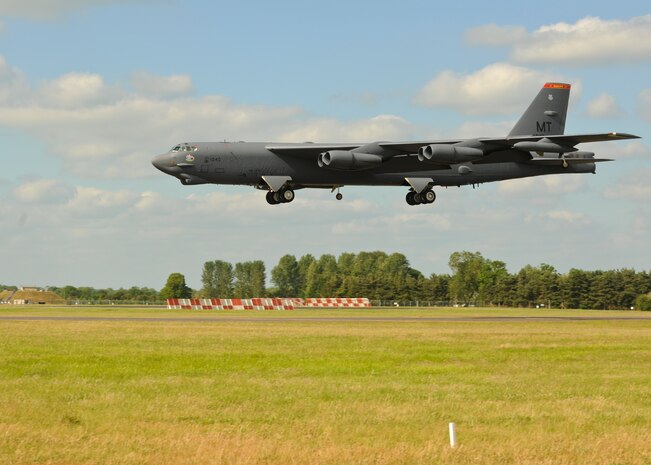 A B-52H Stratofortress completes the last Saber Strike 2015 mission as it lands June 19, 2015, at Royal Air Force Fairford, England. The aircraft was one of three B-52s deployed to the base to support BALTOPS 2015, a naval based exercise, and Saber Strike 2015, a close air support exercise, both of which hosted multiple nations from the area to better integrate forces and techniques in a coalition environment. (U.S. Air Force photo/Capt. Christopher Mesnard) 