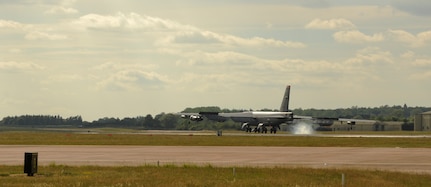 A B-52H Stratofortress completes the last Saber Strike 2015 mission as it lands June 19, 2015, at Royal Air Force Fairford, England. The aircraft was one of three B-52s deployed to the base to support BALTOPS 2015, a naval based exercise, and Saber Strike 2015, a close air support exercise, both of which hosted multiple nations from the area to better integrate forces and techniques in a coalition environment. (U.S. Air Force photo/Capt. Christopher Mesnard) 