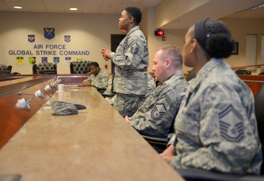 Senior NCOs talk to Airmen during the Year of the Leader seminar on Barksdale Air Force Base, La., June 17, 2015. The Seminar provided Airmen with the opportunity to meet with senior NCOs and ask them questions about leadership. (U.S. Air Force Photo/Airman 1st Class Mozer O. Da Cunha) 