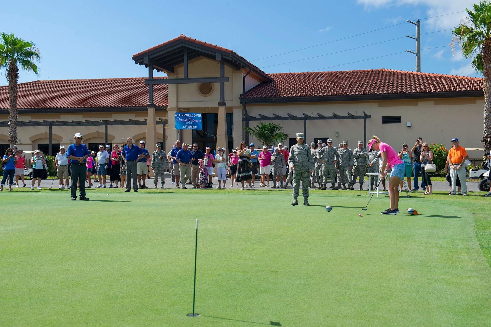 Paula Creamer, Ladies Professional Golf Association, met with several members of Team Patrick-Cape, June 17, 2015, at Patrick Air Force Base, Fla. Creamer signed autographs, played in a putting contest, and toured several facilities to get an up-close look at the 45th Space Wing mission and the team here. (U.S. Air Force photo/Matthew Jurgens) (Released) 
